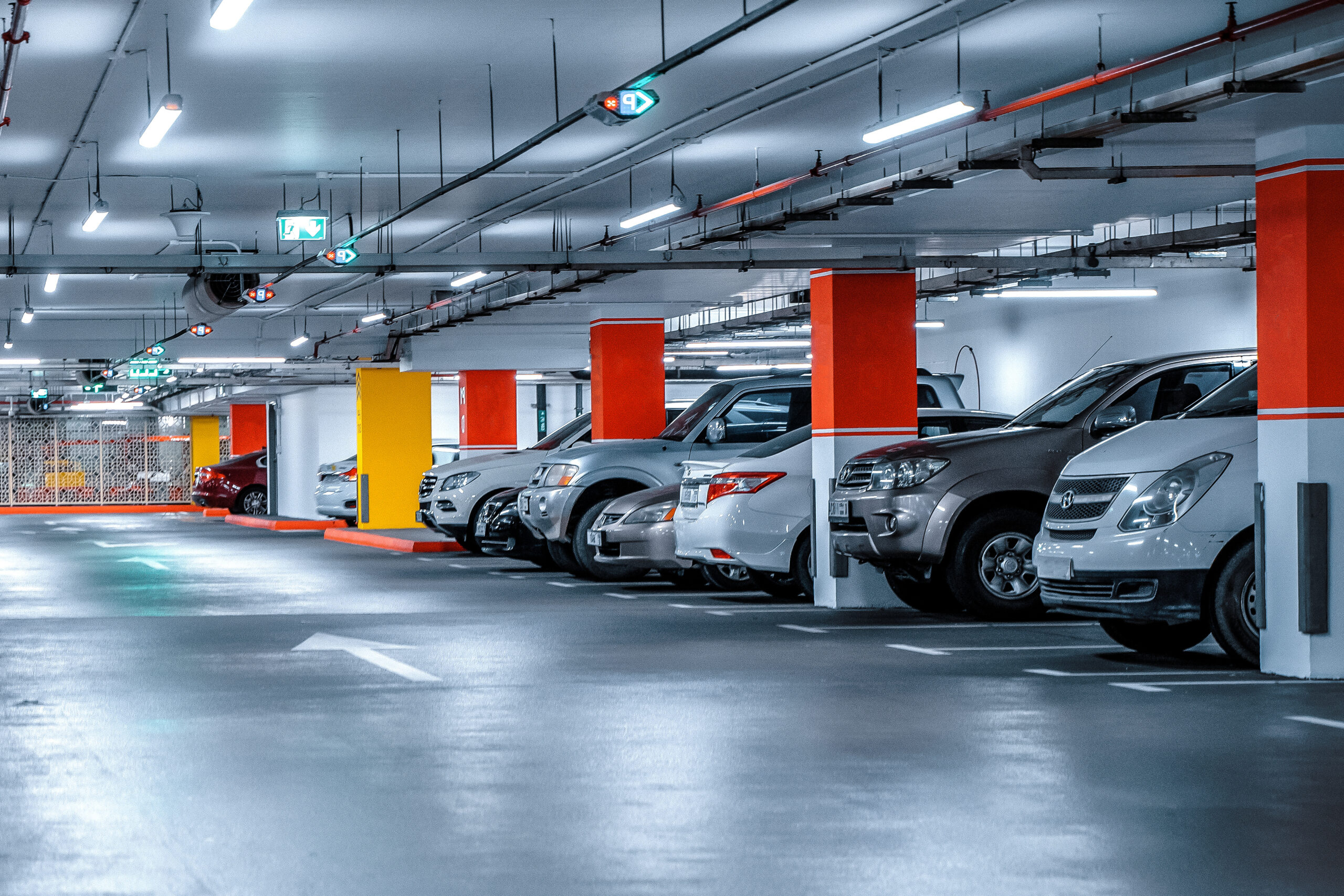 A parking lot of a commercial building.